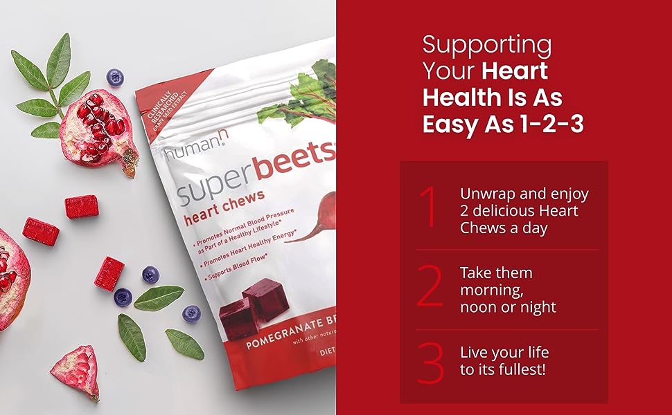 humanN SuperBeets Heart Chews-Nitric Oxide Production and Blood Pressure Support-Grape Seed Extract & Non-GMO Beet Energy Chews-Pomegranate Berry Flavor-60 Count-Stumbit Health